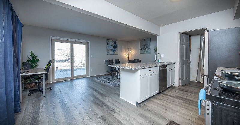 Open Kitchen, work space and dining room.