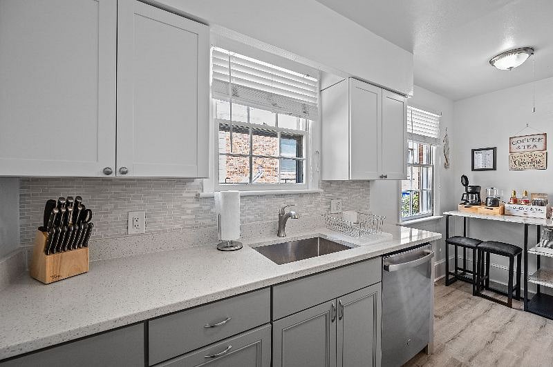 Kitchen side with sink and dishwasher on right side.