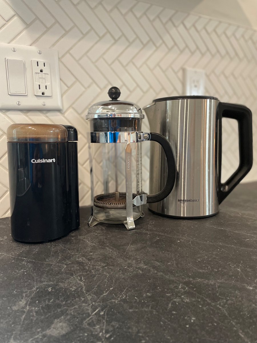 Bodum French Press, coffee grinder and electric kettle
