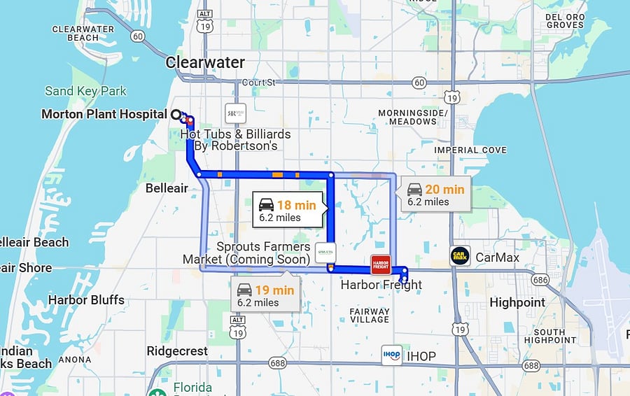 6.2 miles to Morton Plant Hospital or 18 minutes drive