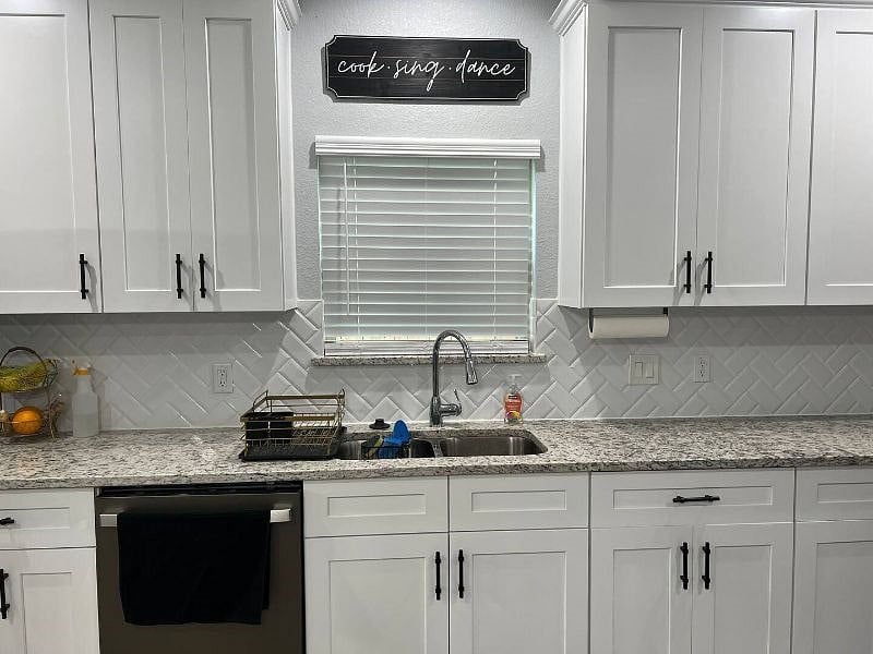 Kitchen sink and dishwasher with cleaning supplies and fire extinguisher underneath the sink.