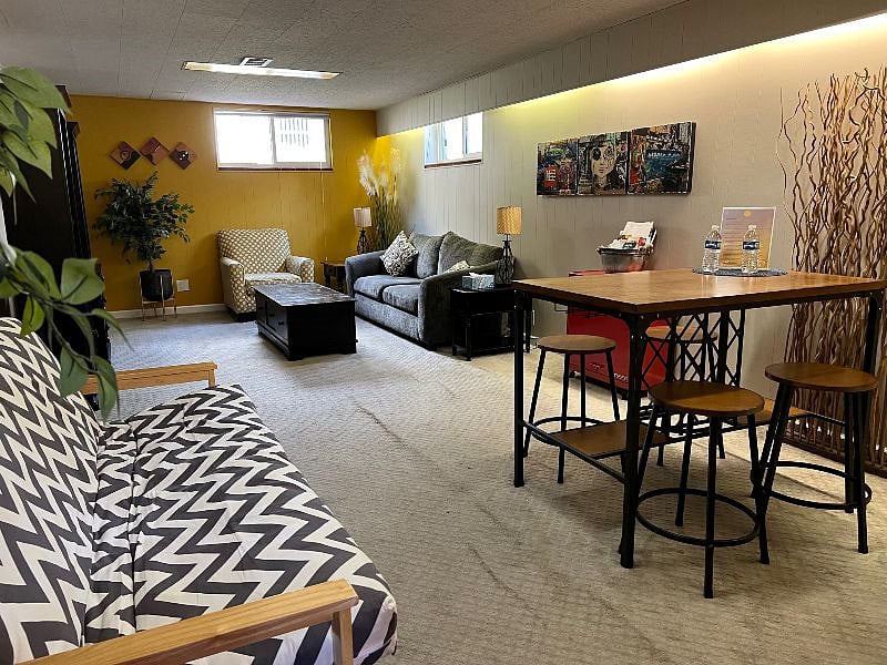 View from the dining area to the living room.