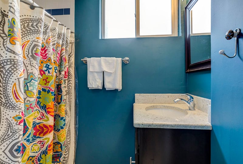Bathroom. It's small, but has a good shower with good water pressure and plenty of hot water. No tub.