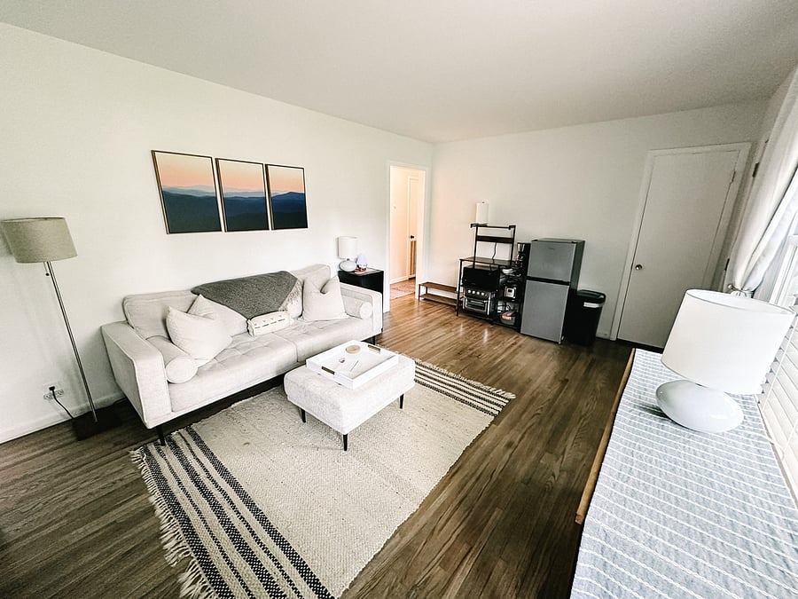 Entry/living room with kitchenette. Hallway leads to bathroom and bedroom.