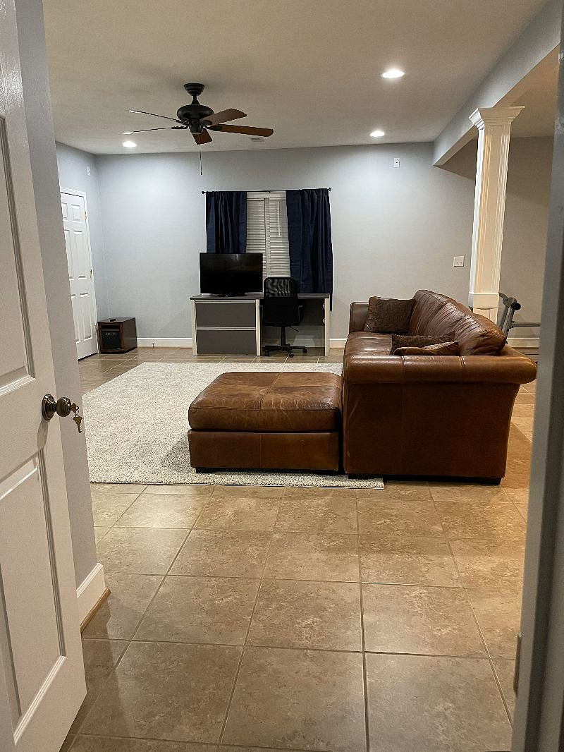 leather sectional. Desk area.