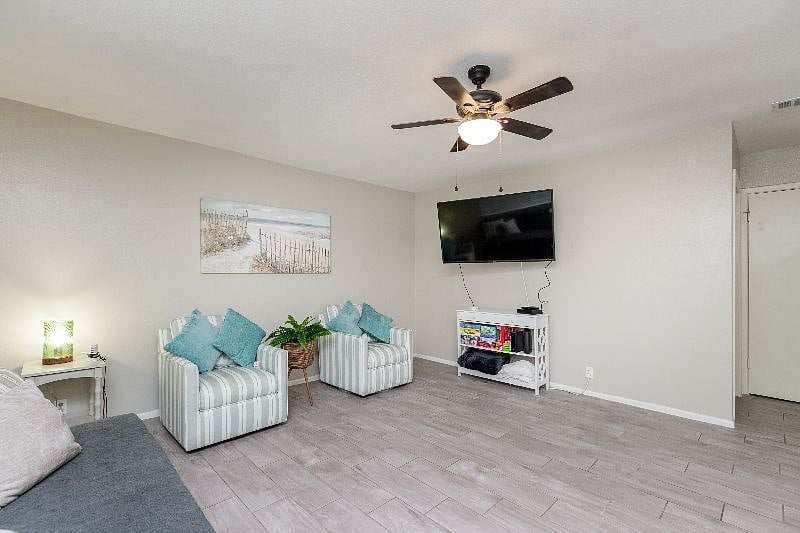 Open Living Room
Two comfy sitting chairs
TV stand + Smart TV
Games & extra linens
Full-size sleeper sofa
