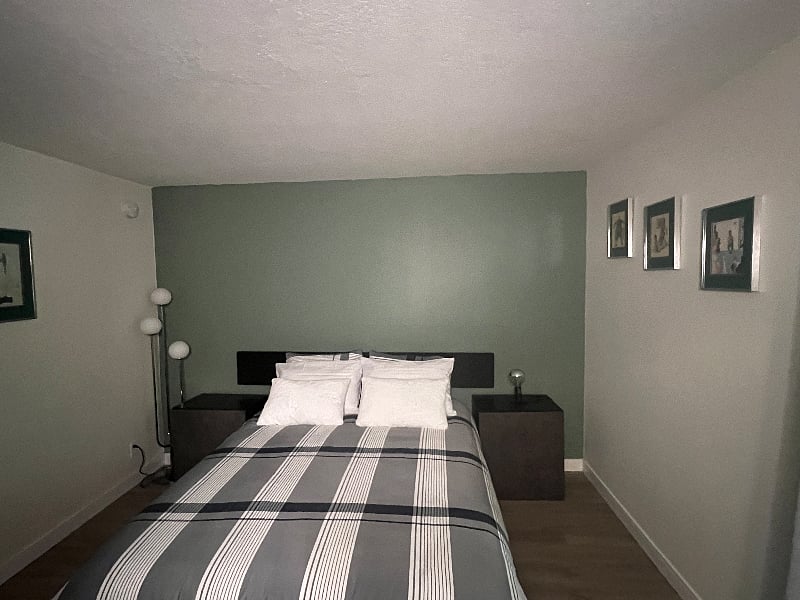 Comfortable queen bed with firm mattress, Egyptian cotton 800 thread count sheets. 