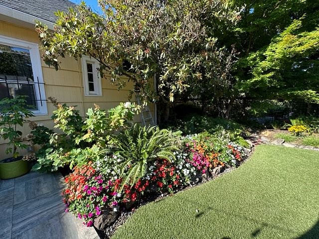 The backyard area has synthetic turf enclosed with summer flowers, trees and shrubs.