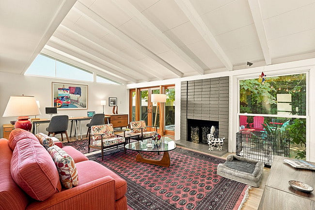 The bright Living Room opens to the back garden. A pet crate and pet bed are available. Pet equipment is stored in Bedroom 1 closet when not in use.
