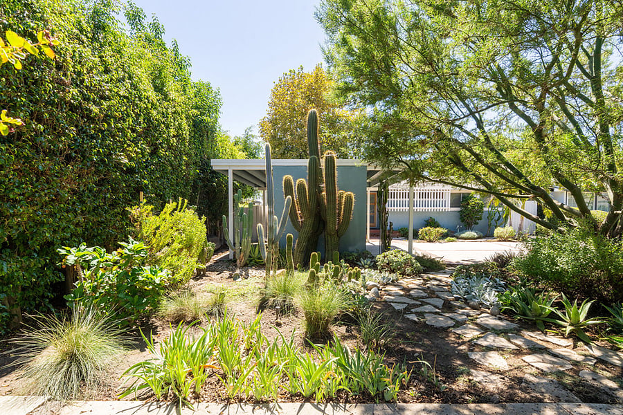 Lush drought resistant landscaping in the front yard.