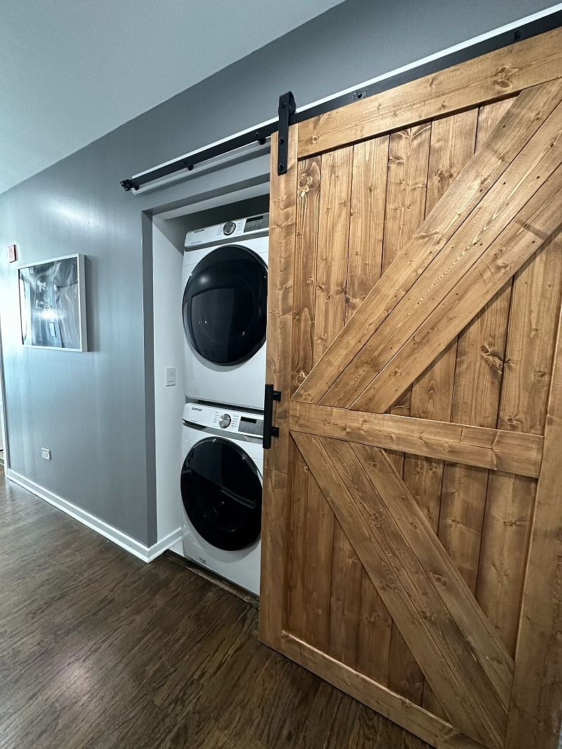 Brand new Samsung washer and dryer with rolling barn door