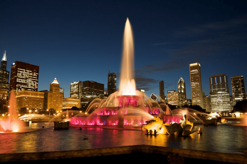 Buckingham Fountain. 1.5 miles north of the condo. A 30 minute walk up the lake front path or through Grant Park.