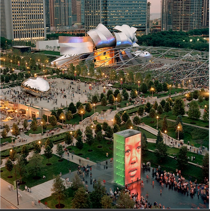 Millennium Park. Home of Cloudgate"the bean", the Crown Fountain and the Pritzker Pavilion amphitheatre. 1.6 miles north of the condo. A 35 minute walk straight up Michigan Ave. A 5-10 minute Uber ride.