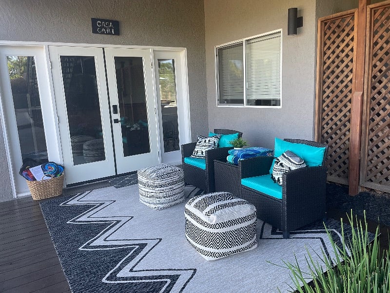 This is the entrance to the Casa and your outdoor sitting space that views the court
