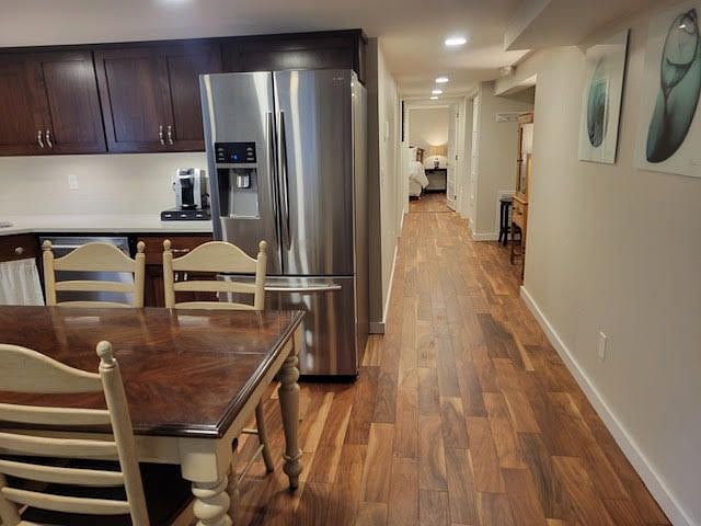 drip coffee machine is provided. Starter Kitchen kit is provided. Cabinets are stocked with most plates, cutlery & tools one would need, plus some.