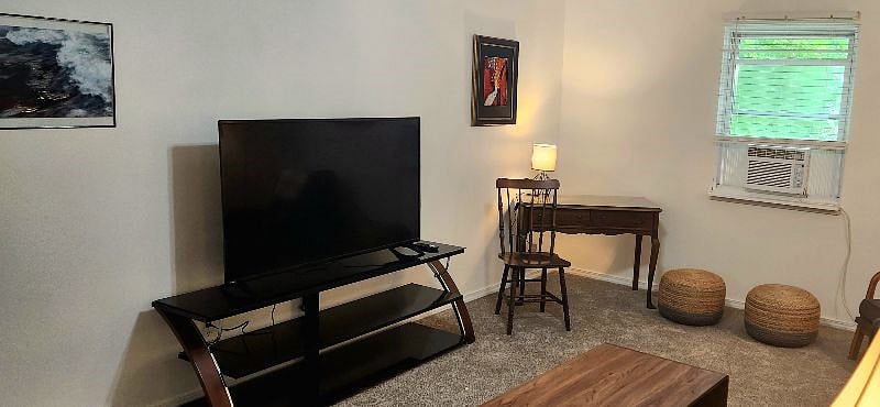 Bright living room with smart TV for relaxing and a dedicated workspace for remote work or study.