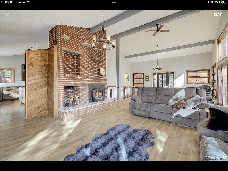 Wood burning fireplace insert in living room