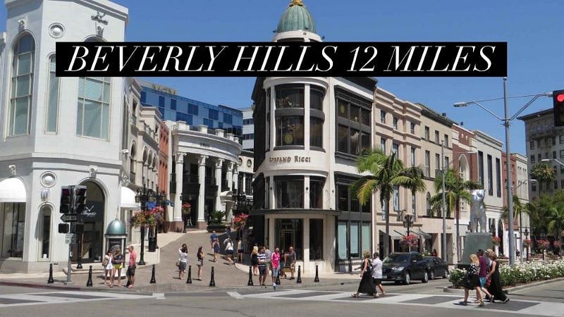 Beverly Hills/Century CIty 12 miles.  Take Coldwater Canyon for a local shortcut and great views of Mullholland Drive.  Take Sunset Boulevard west to the 101 on the return trip and see UCLA. 