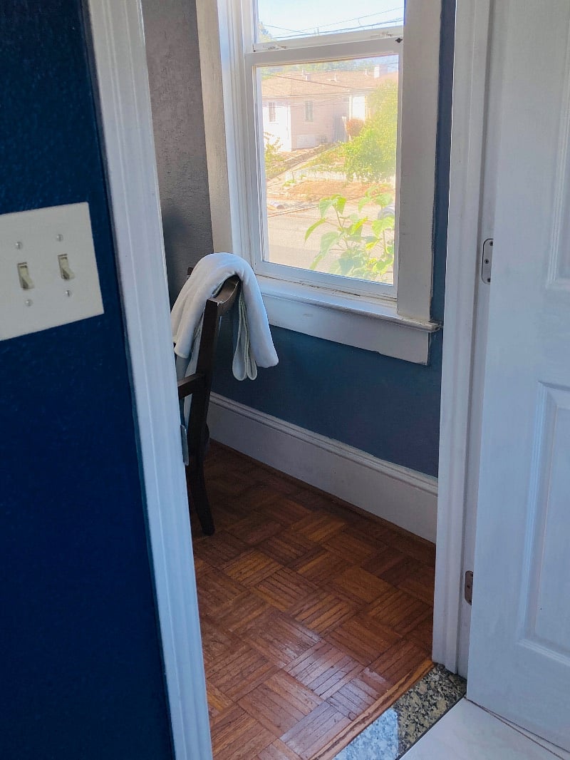 Looking into bedroom from bath