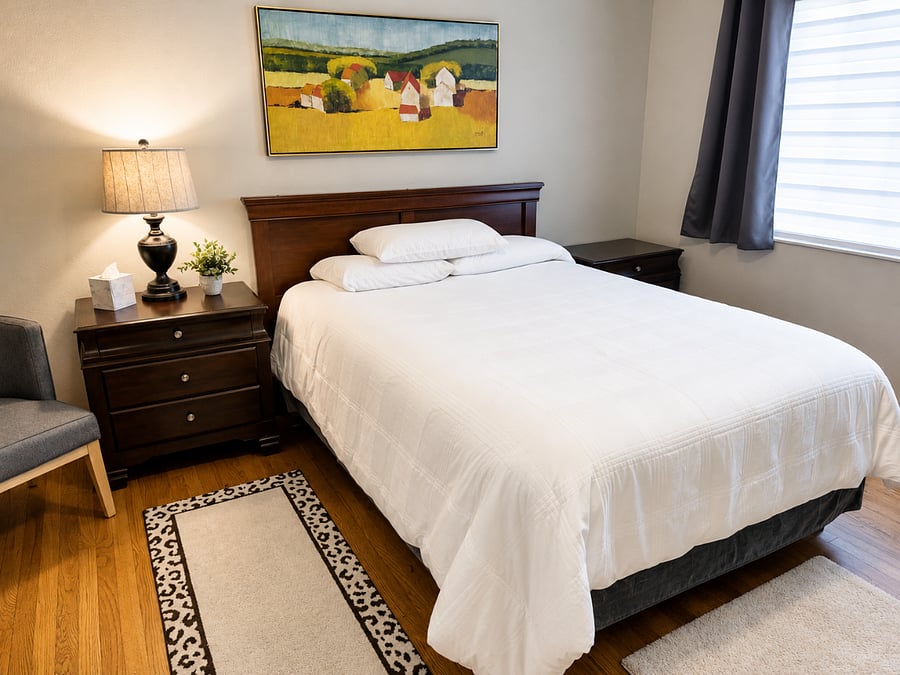 Comfortable furnished bedroom with queen bed.