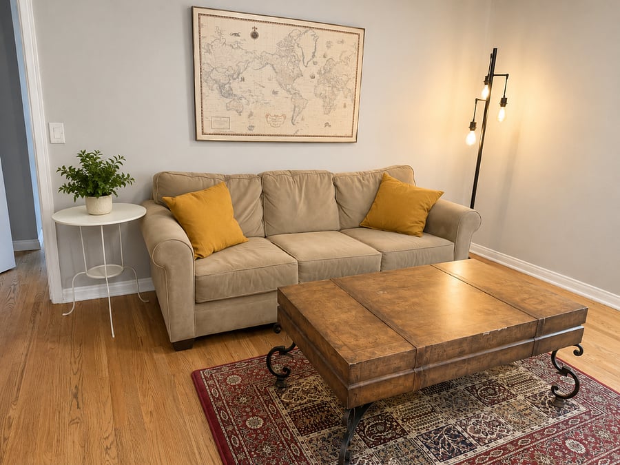 Private living room with sofa, TV area, microwave and refrigerator.