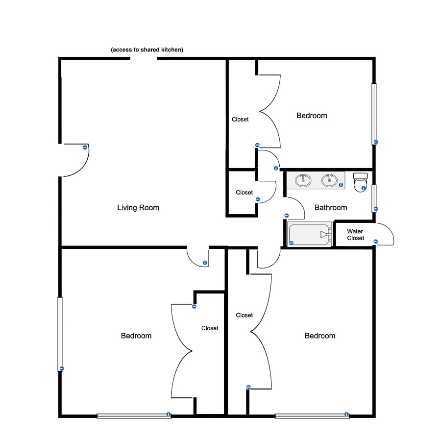 Floor plan showing the three-bedroom layout and private living area.