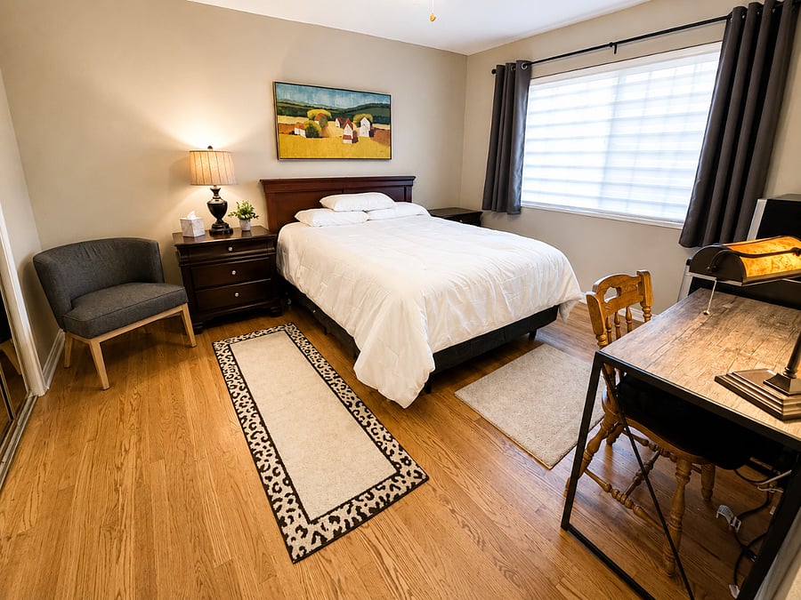 Furnished bedroom with workspace, seating and generous closet space.