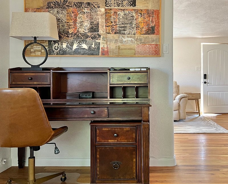 Study desk with front door visible in living room