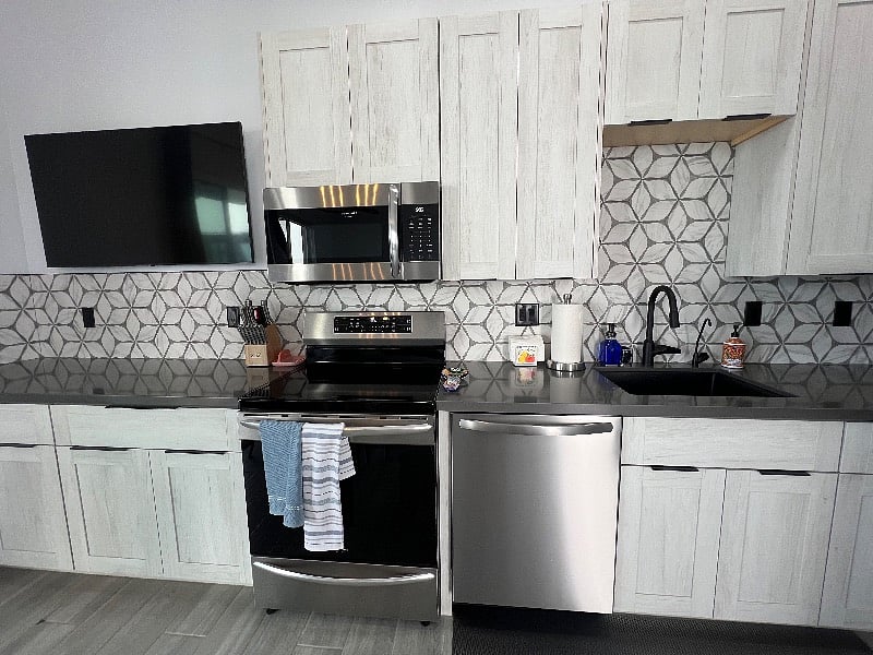 induction oven and cooktop, dishwasher, microwave, Samsung TV, corner trash can hiding behind cupboard door.