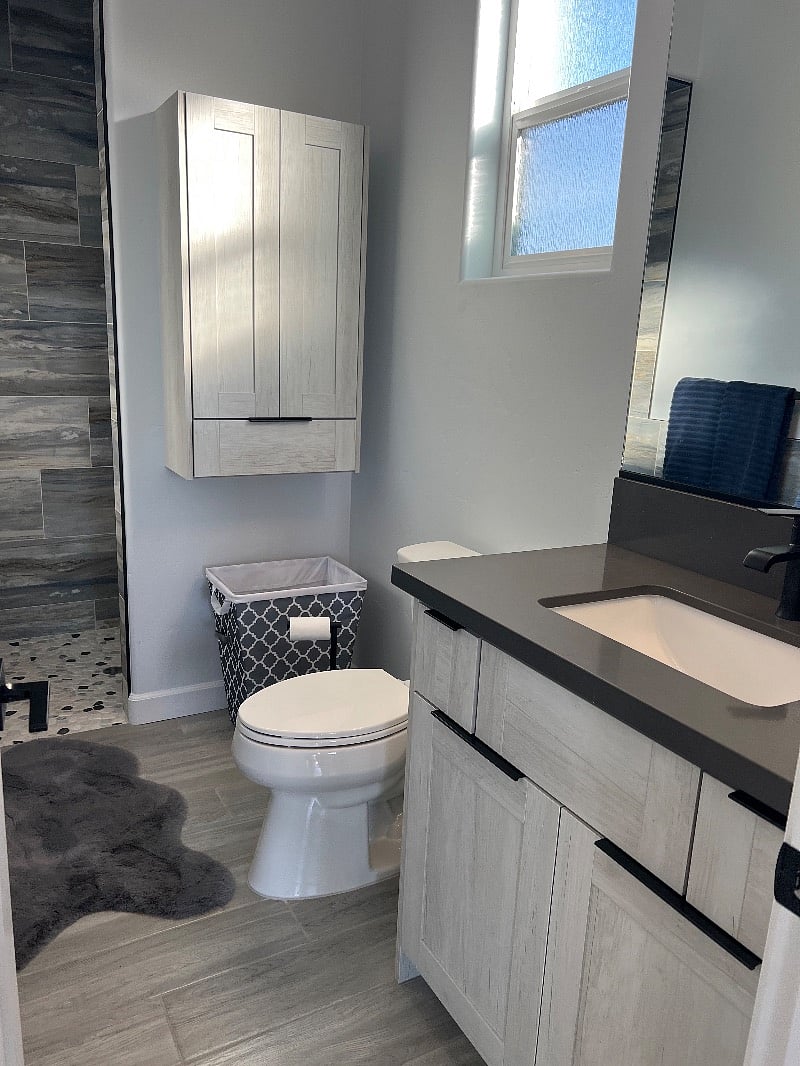 plenty of storage in the bathroom has a pocket door that goes to the bedroom, plus a door from the living room.