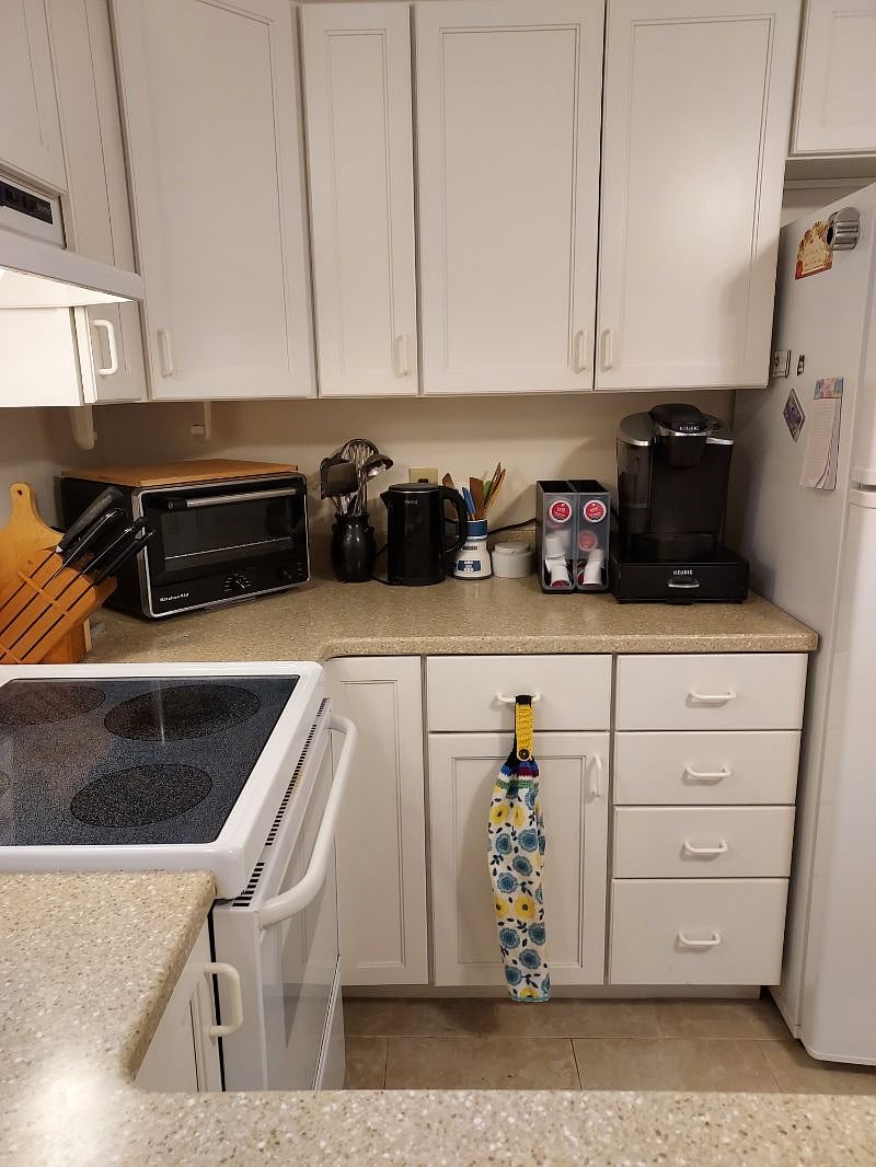 Toaster oven,microwave oven, Keurig, drip coffee machine, electric kettle, air fryer, cast iron pans.