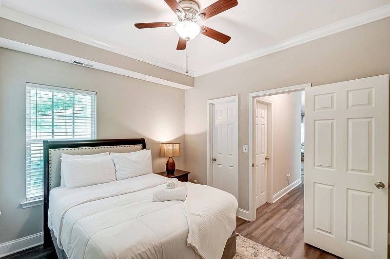 Bedroom 1 is on the main level down the hall from the kitchen and laundry.