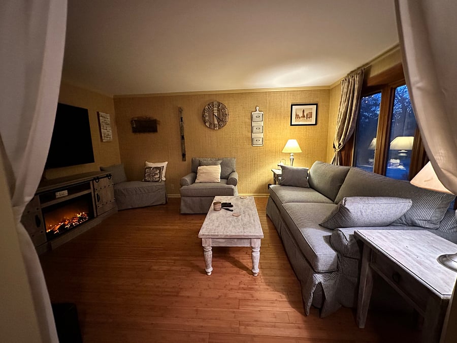 The cozy comfy living room with an electric fireplace! You can use with heat or without!