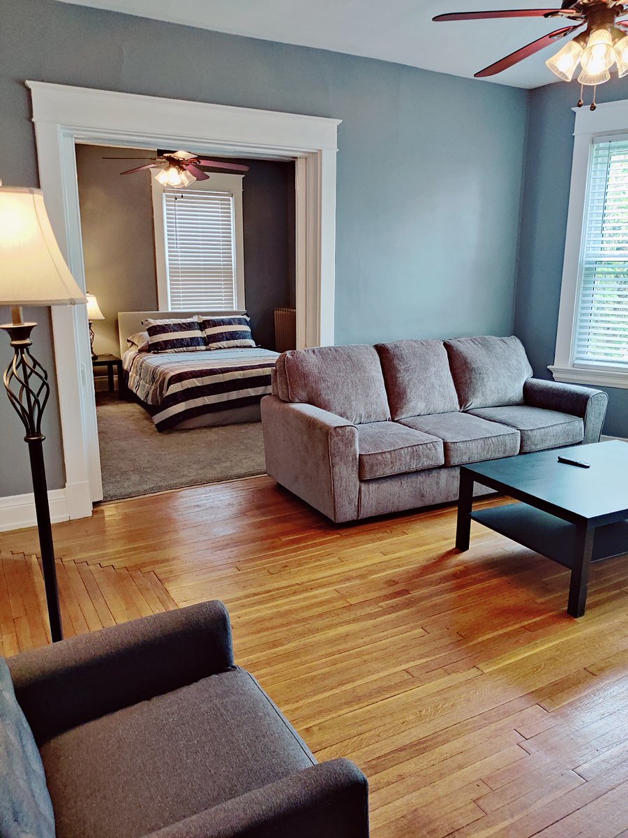 First floor apartment living room looking into front bedroom