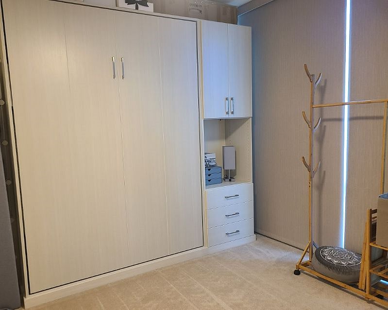 The guest bedroom has a queen-sized Murphy Bed.