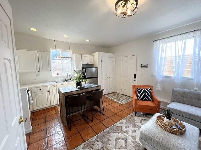 Kitchen with high ceilings and lots of light