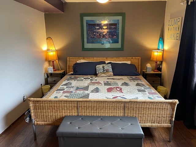 King size bed with new memory foam mattress. There are plugs to charge electronics on each nightstand.