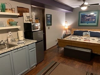 Kitchenette and king size bed in main living space.