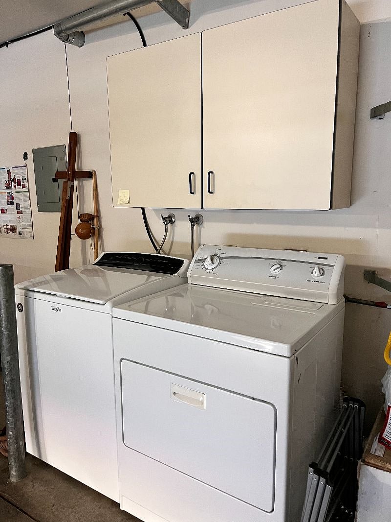 Washer, Dryer + Storage above available for cleaning/laundry supplies