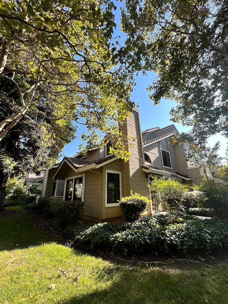 Corner property surrounded by grassy hills, towering redwood trees, bushes and other greenery.