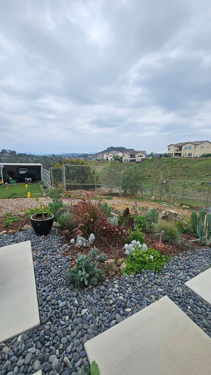 Front yard area and the view of our side yard that we rarely use and one of the avocado grovesOu