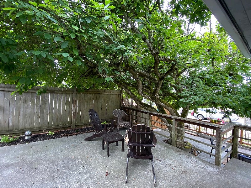 Private patio off of the side door. Shaded with Magnolia tree and a gas barbecue.