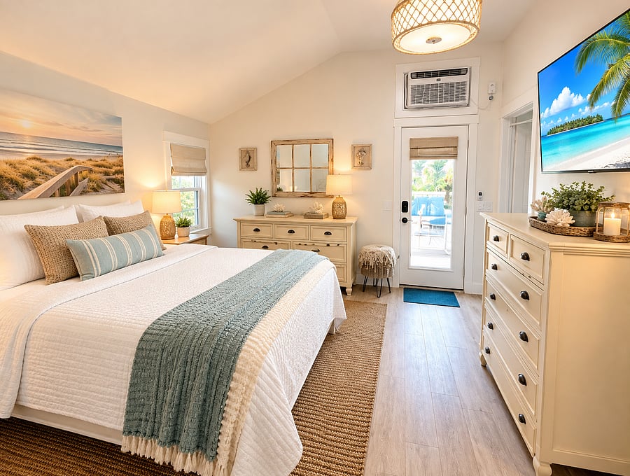 Larger bedroom with private bathroom, washer dryer and private entrance to large yard/deck