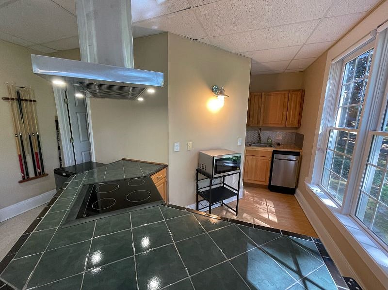 Kitchen with cooking range and dishwasher