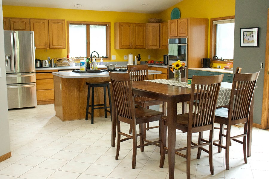 Shared kitchen and dining room on main level. Also a large pantry and washer & dryer along with guest bathroom