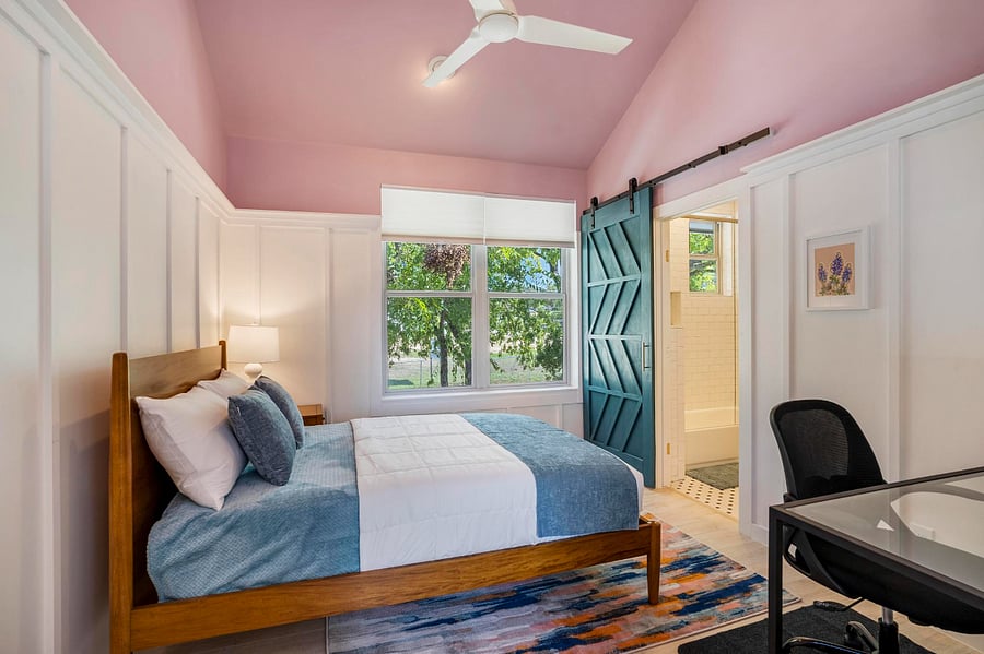 2nd bedroom Queen Bed with desk and private bathroom