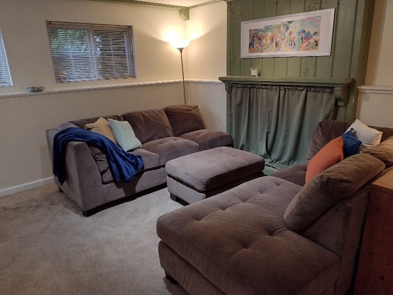 Your private living room. Two sofas, mantle, nonworking fireplace.