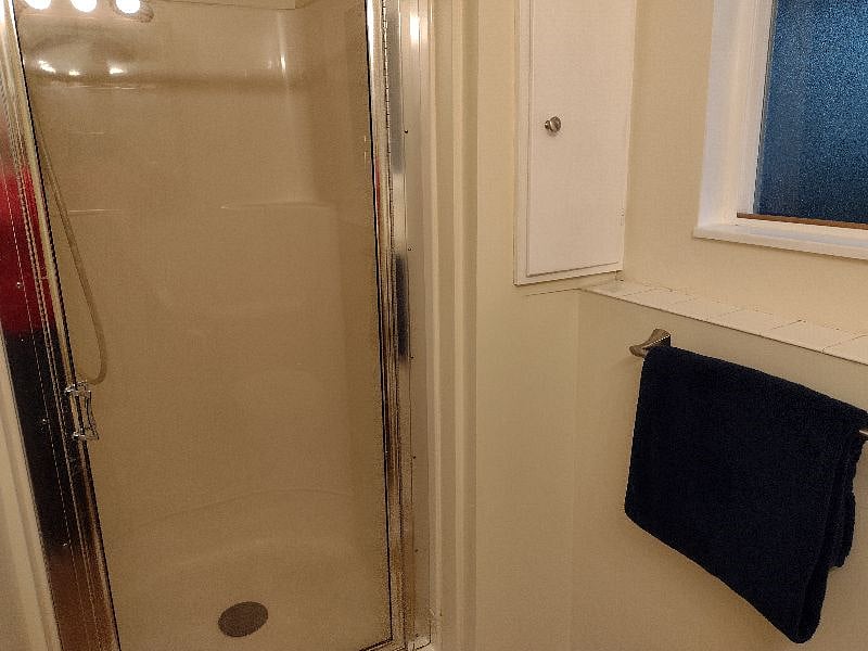 Shower in freshly painted 3/4 bathroom with toilet and sink. Storage on shelves and under sink. 