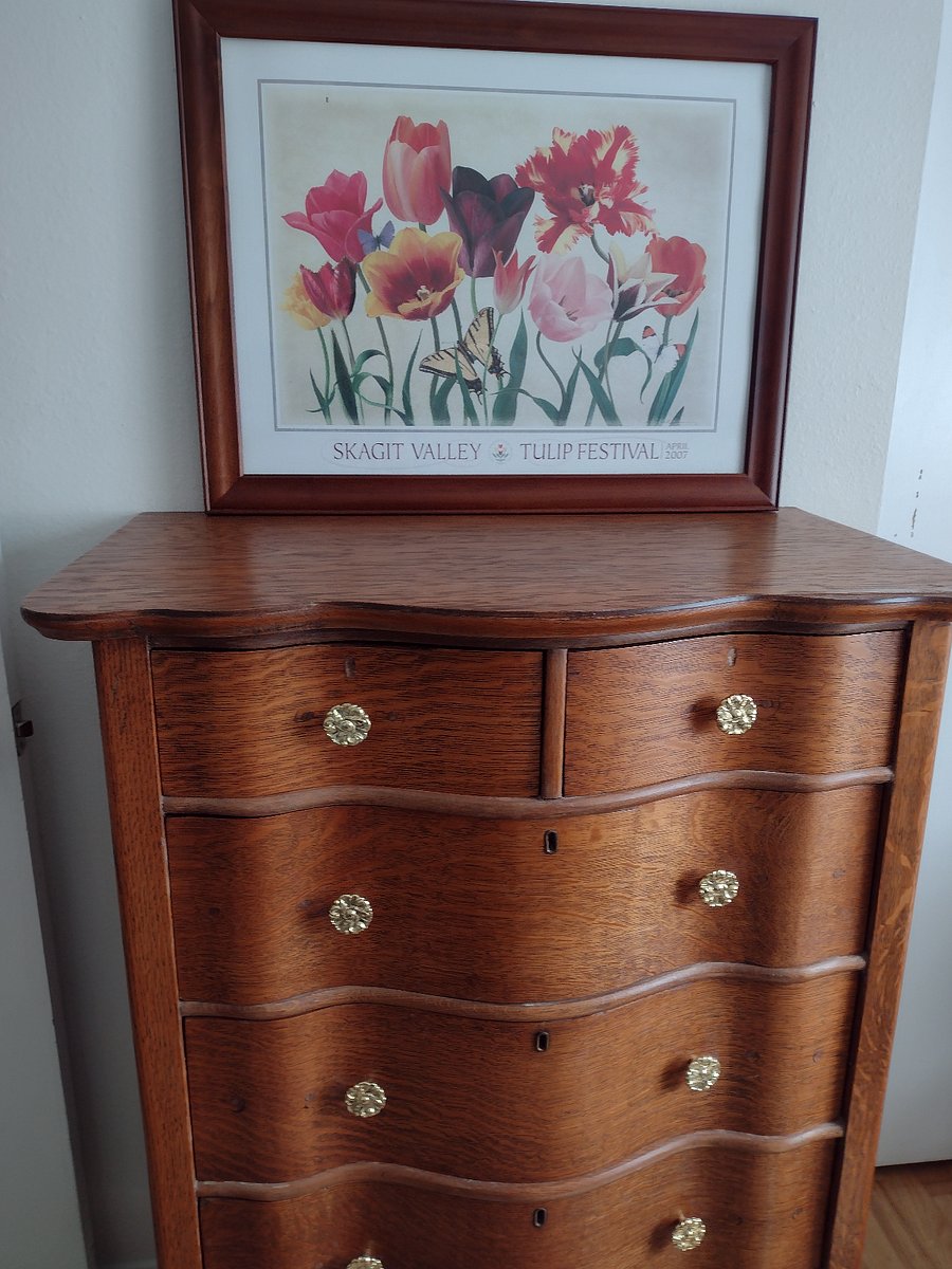 Oak dresser, PNW tulips. Storage also in closet and under bed.