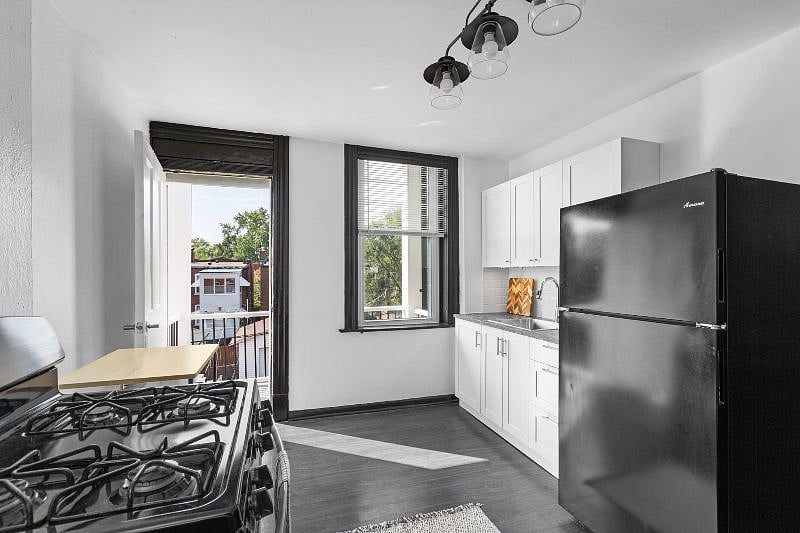 Kitchen - view of open back door to deck, brand new cabinets, and full size fridge.
